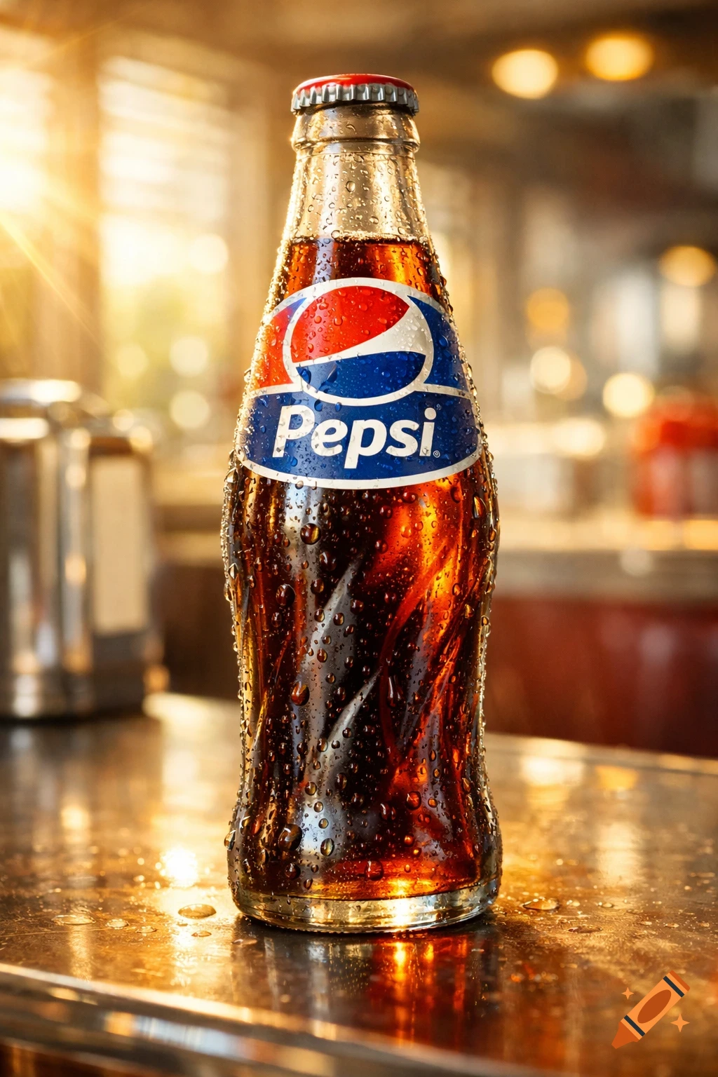 Photorealistic image of a cold, wet glass bottle of Pepsi on a reflective surface.