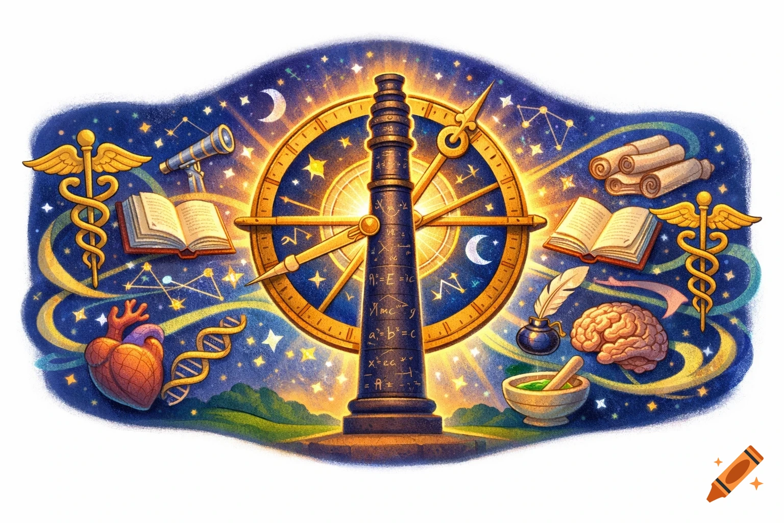 A stylized Google Doodle featuring a central pillar with garbled equations, surrounded by symbols of knowledge like a telescope, books, caduceus, heart, DNA, brain, and mortar and pestle, all against a starry, dark blue background.