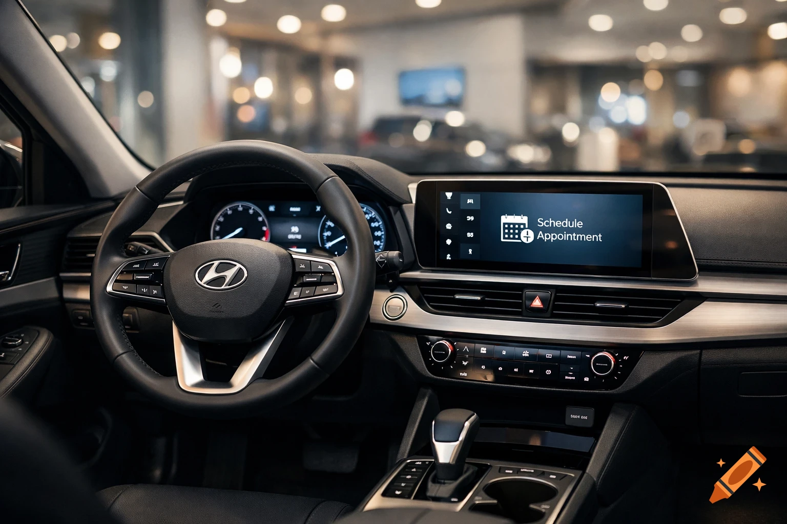 Interior view of a modern car with a Hyundai steering wheel and an infotainment screen showing "Schedule Appointment".