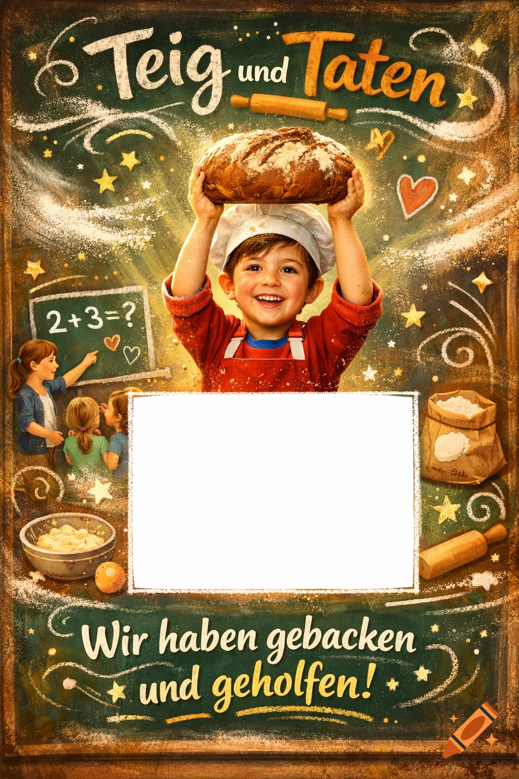 A happy child in a chef's hat holds a loaf of bread, surrounded by other children, a blackboard with "2+3=?", and baking ingredients in a chalk-art poster style.