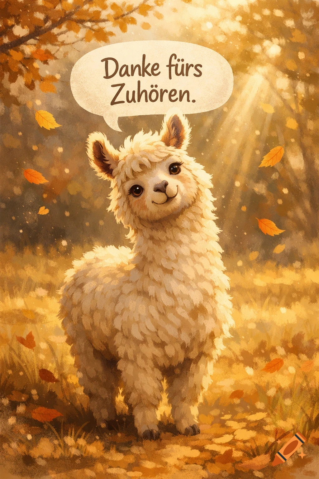 A cute fluffy llama with a smiling face in an autumn forest, looking up at a speech bubble that reads 'Danke f r's Zuh fren.'