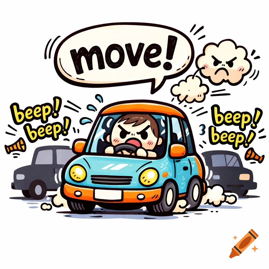 A doodle-style illustration of an angry driver in a blue car honking and shouting "move!" in traffic, with angry clouds and other cars.