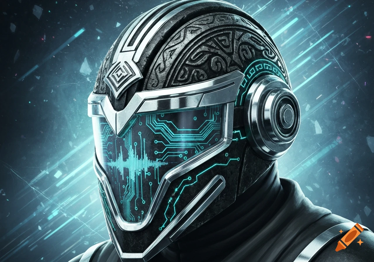 Close-up of a futuristic helmet blending ancient patterns with glowing blue circuits and a sound wave display on its visor.
