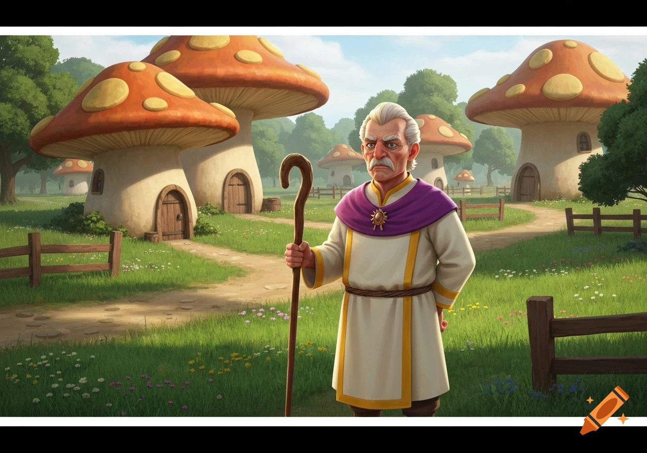 An elderly man with a staff stands in a sunny fantasy village with mushroom houses.