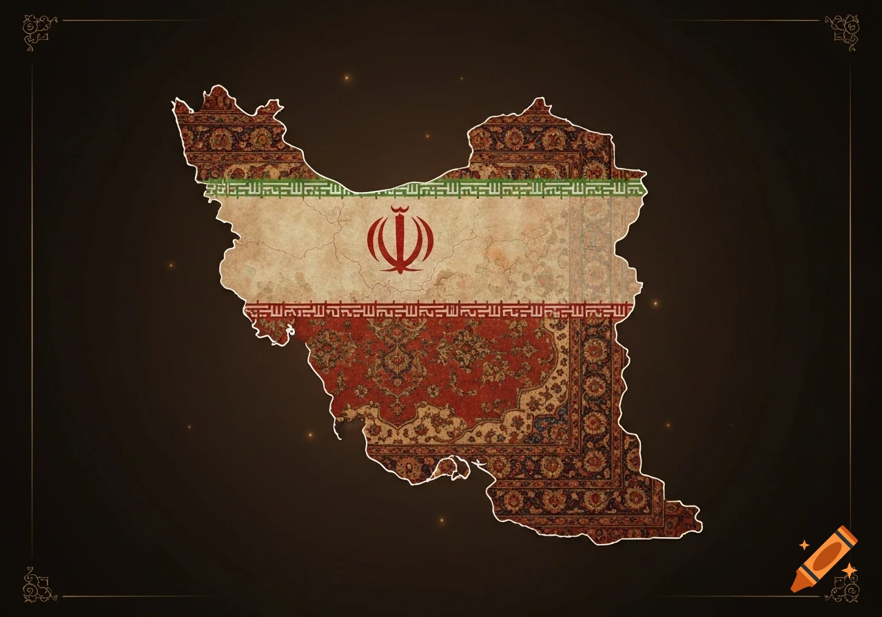 Map of Iran textured as an antique Persian carpet, depicting the national flag's colors and symbols.