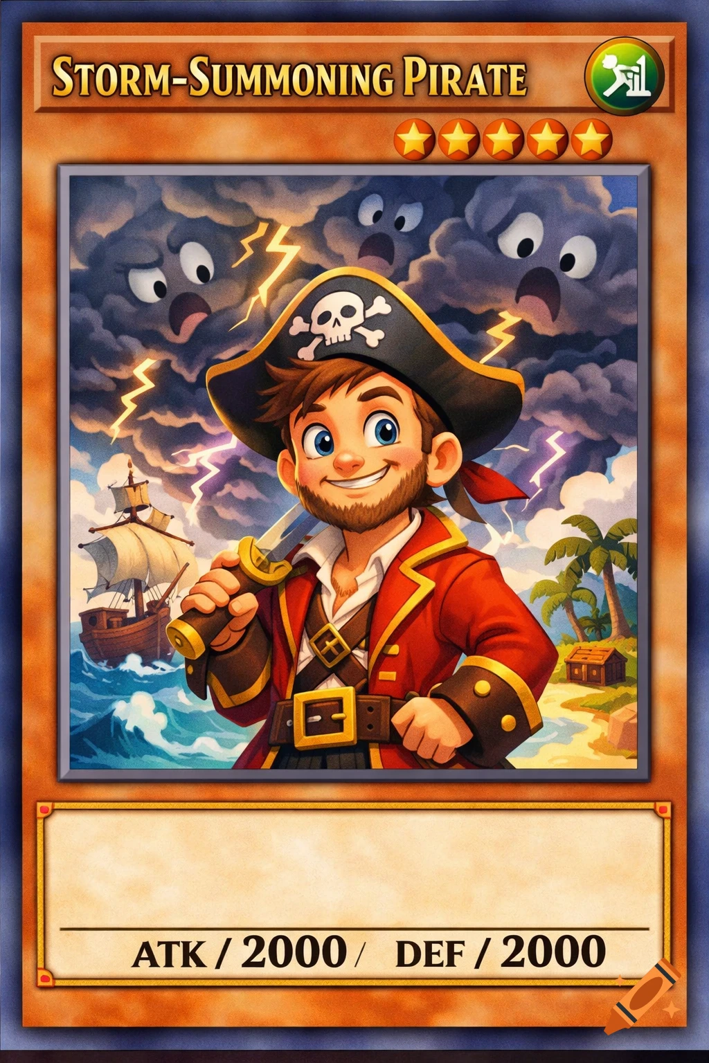 A colorful Yu-Gi-Oh style game card featuring a Disney-style cartoon pirate with a sword, smiling under a stormy sky with angry clouds and lightning. A ship sails on rough seas and a small island with palm trees is in the background. The card title reads "STORM-SUMMONING PIRATE" and shows "ATK / 2000 / DEF / 2000" at the bottom.