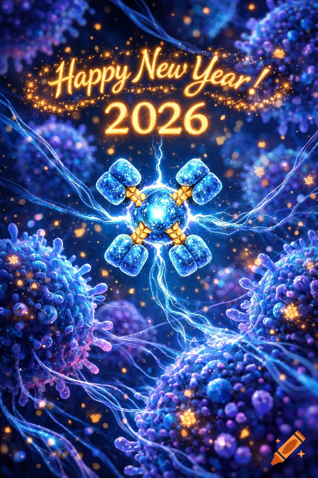 Happy New Year 2026 text with sparkling gold over a vibrant blue and purple microscopic cellular landscape with glowing energy.