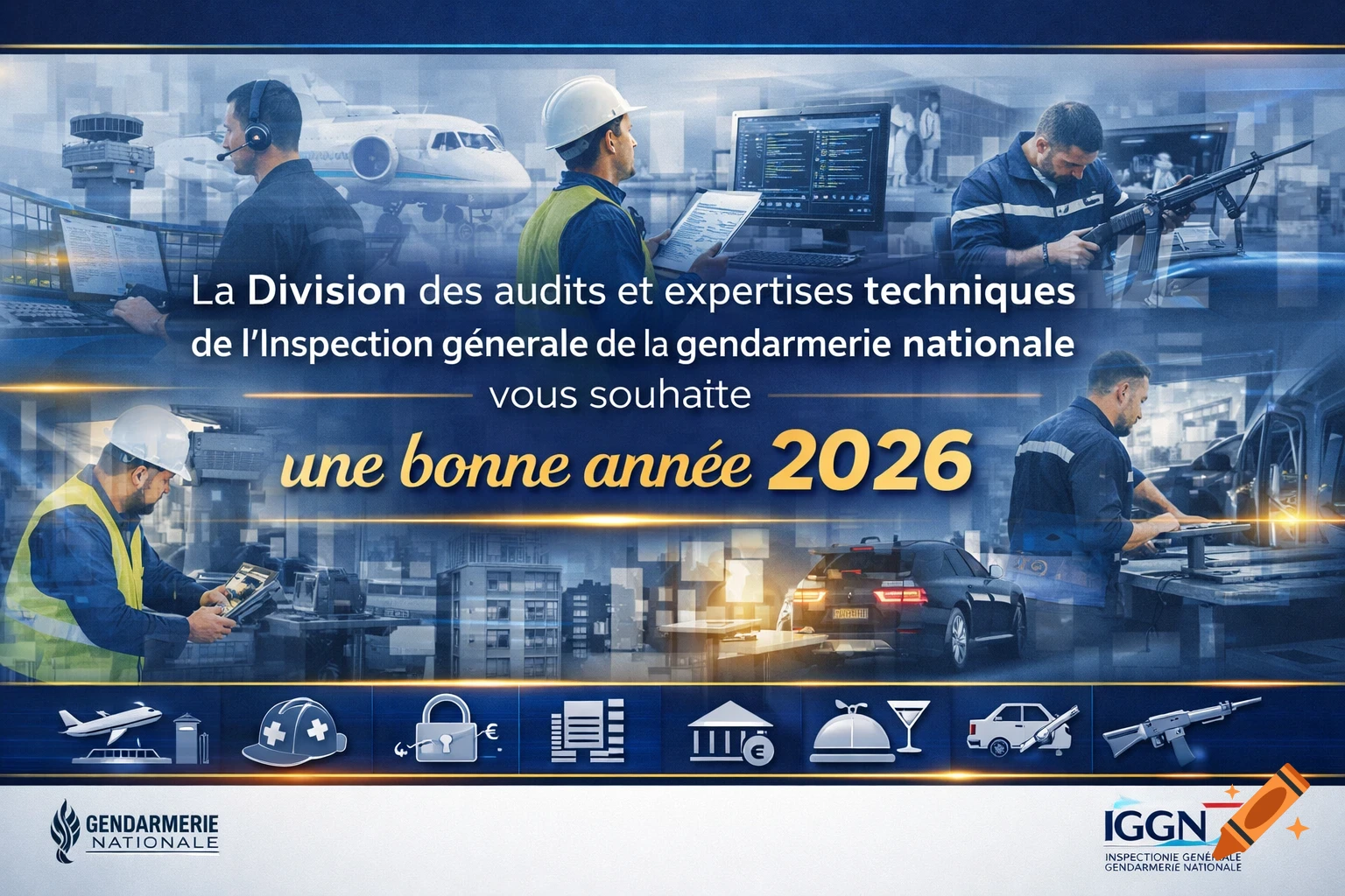 A collage of professionals in fields like aviation, construction, IT, and vehicle maintenance, with a 'Happy New Year 2026' message from the French Gendarmerie.