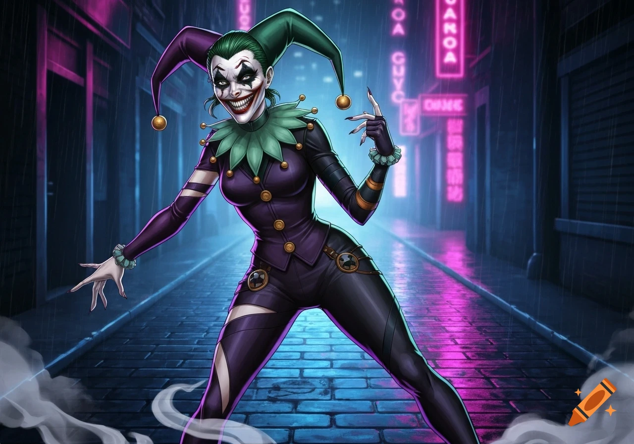 A stylized illustration of a female Joker in a purple and green jester costume, with a wide, eerie smile, standing in a neon-lit, rainy alleyway.