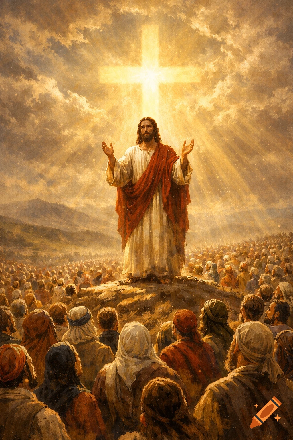 Jesus preaches to a vast crowd on a hill, bathed in light from a glowing cross in a cloudy sky, in a painterly style.