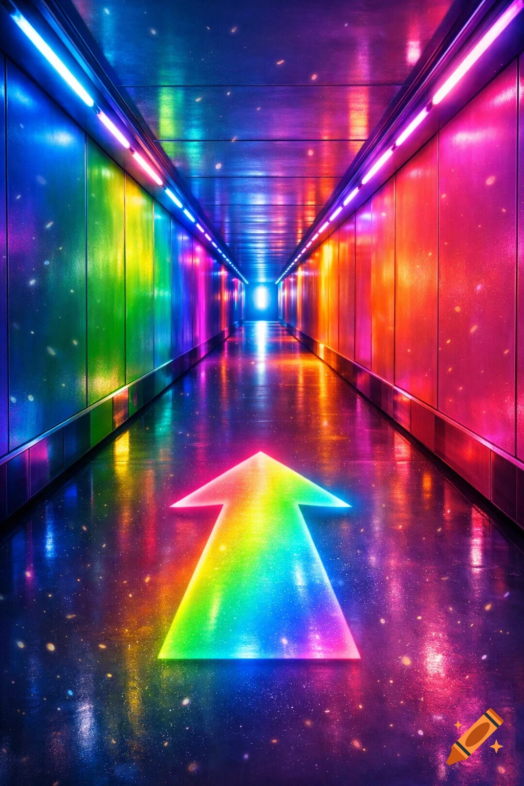 A vibrant, glowing rainbow-colored arrow points forward on a reflective floor in a neon-lit, futuristic corridor.