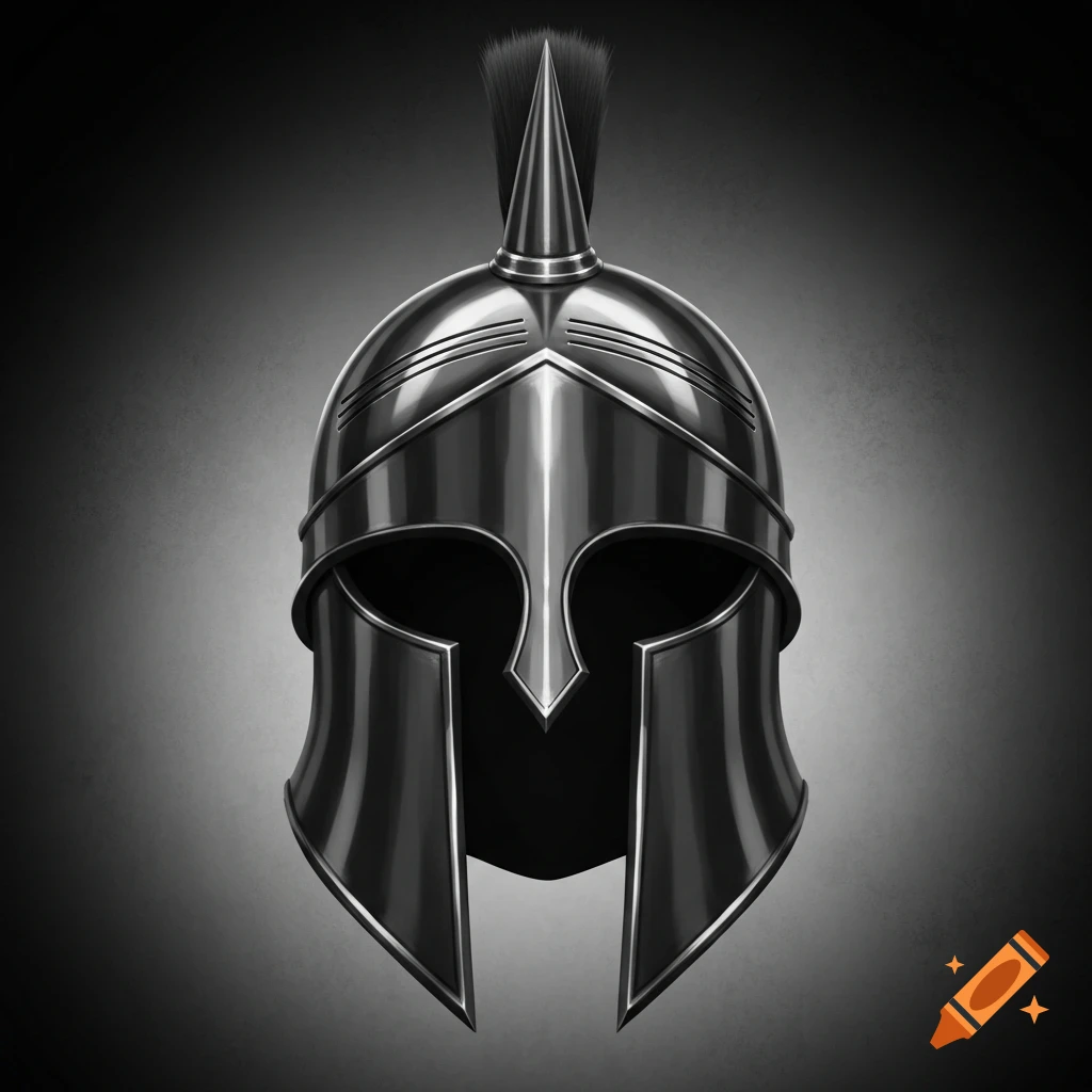 Front view of a shiny, dark metal Spartan helmet with a sharp, pointed crest and reflective surfaces.