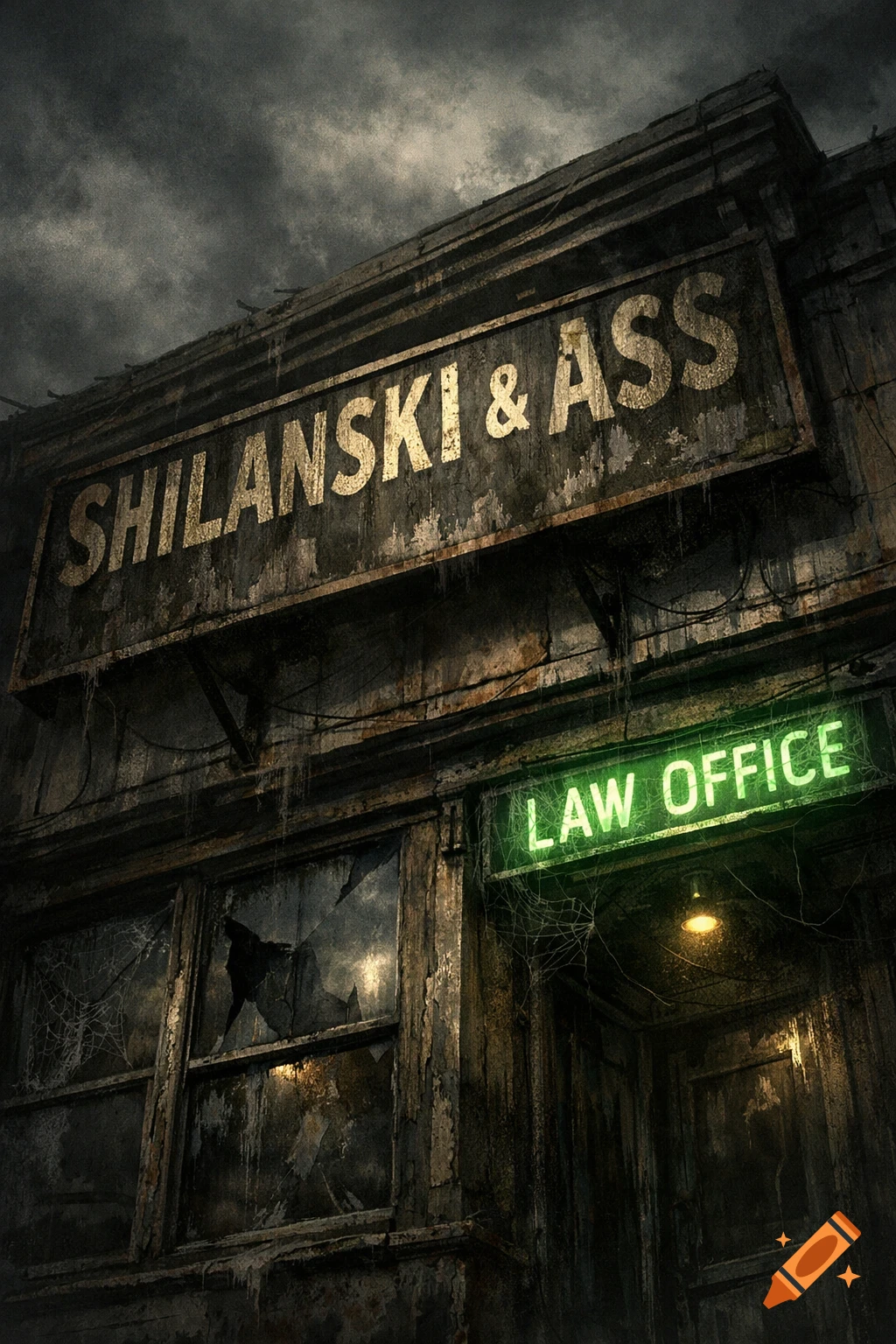 Dilapidated building with 'SHILANSKI & ASS' and 'LAW OFFICE' signs under a dark, cloudy sky, with broken windows and cobwebs.