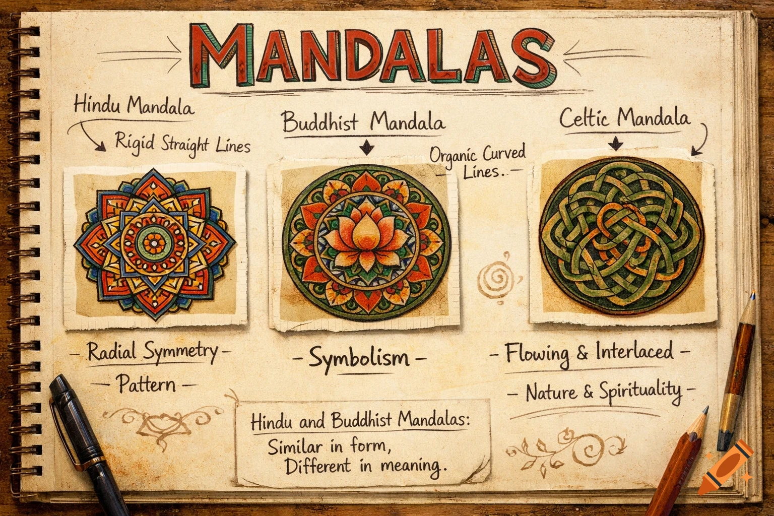 An open sketchbook page with a title 'MANDALAS' displaying three examples: Hindu, Buddhist, and Celtic mandalas, each with descriptive text and keywords, along with a pen and pencils.