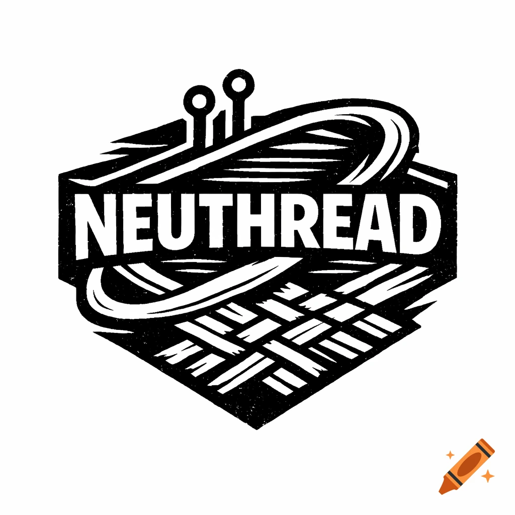 Black and white linocut logo for NEUTHREAD with abstract thread elements in a hexagonal shape.