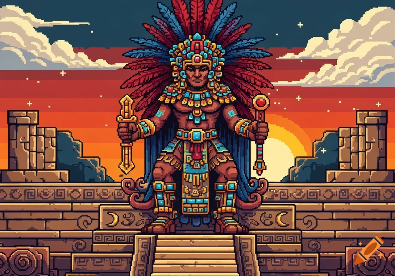 Pixel art of an Aztec Tlatoani in elaborate regalia, standing on a temple against a sunset sky.