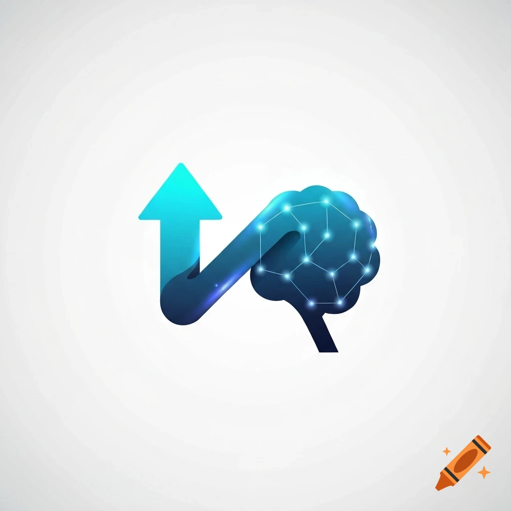 Abstract icon featuring a teal upward arrow merging with a blue brain-like shape made of interconnected nodes on a light background.