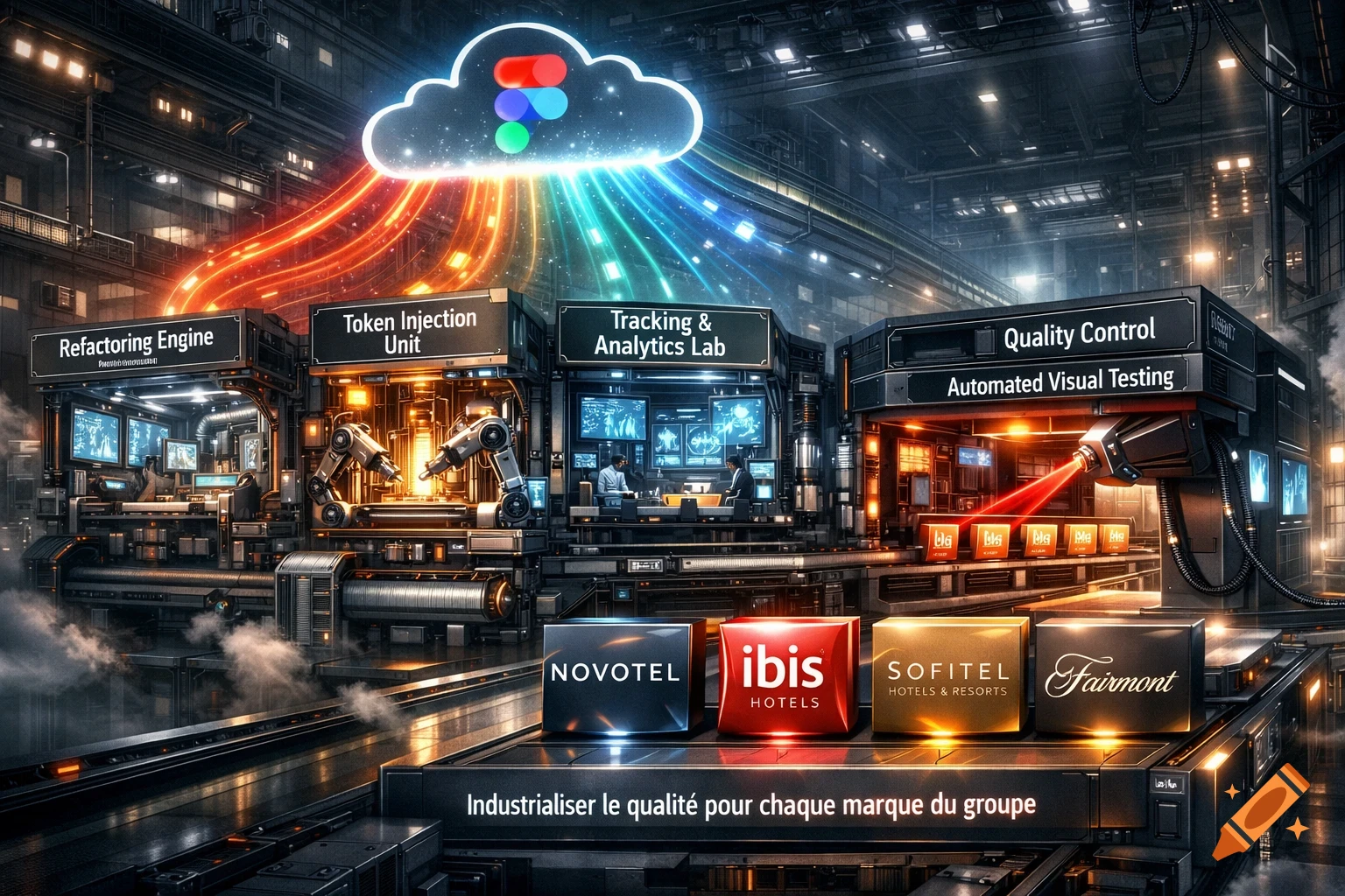 An ultra-modern industrial facility processes data, represented by a glowing cloud, through several stages labeled 'Refactoring Engine,' 'Token Injection Unit,' 'Tracking & Analytics Lab,' and 'Quality Control,' with a laser scanning brand boxes for Novotel, Ibis, Sofitel, and Fairmont. The text 'Industrialiser la qualité pour chaque marque du groupe' is visible.