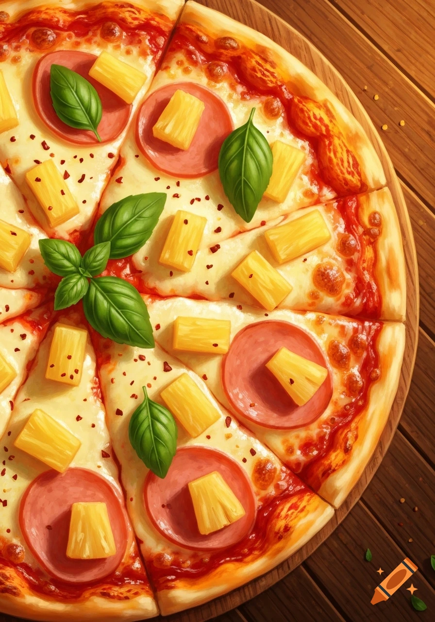 Overhead view of a Hawaiian pizza with ham, pineapple, basil leaves, and chili flakes on a wooden table.