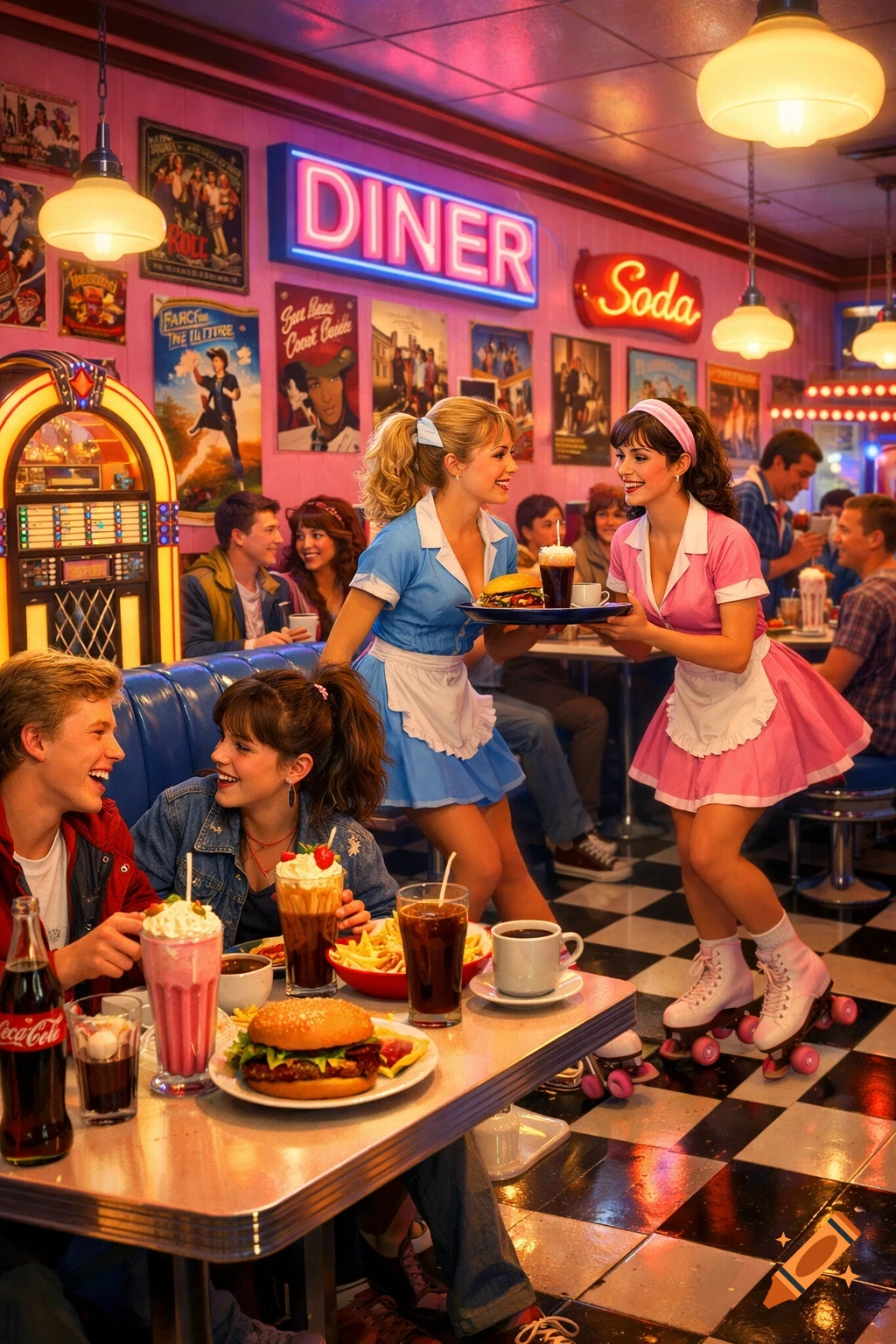 A lively 1980s-style diner with pink walls, neon signs, and a checkered floor. Teenagers eat burgers and milkshakes while roller-skating waitresses in blue and pink dresses serve food.