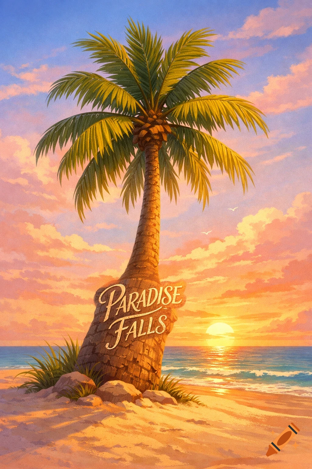 A stylized illustration of a palm tree on a sandy beach at sunset, with 'Paradise Falls' carved into its trunk.