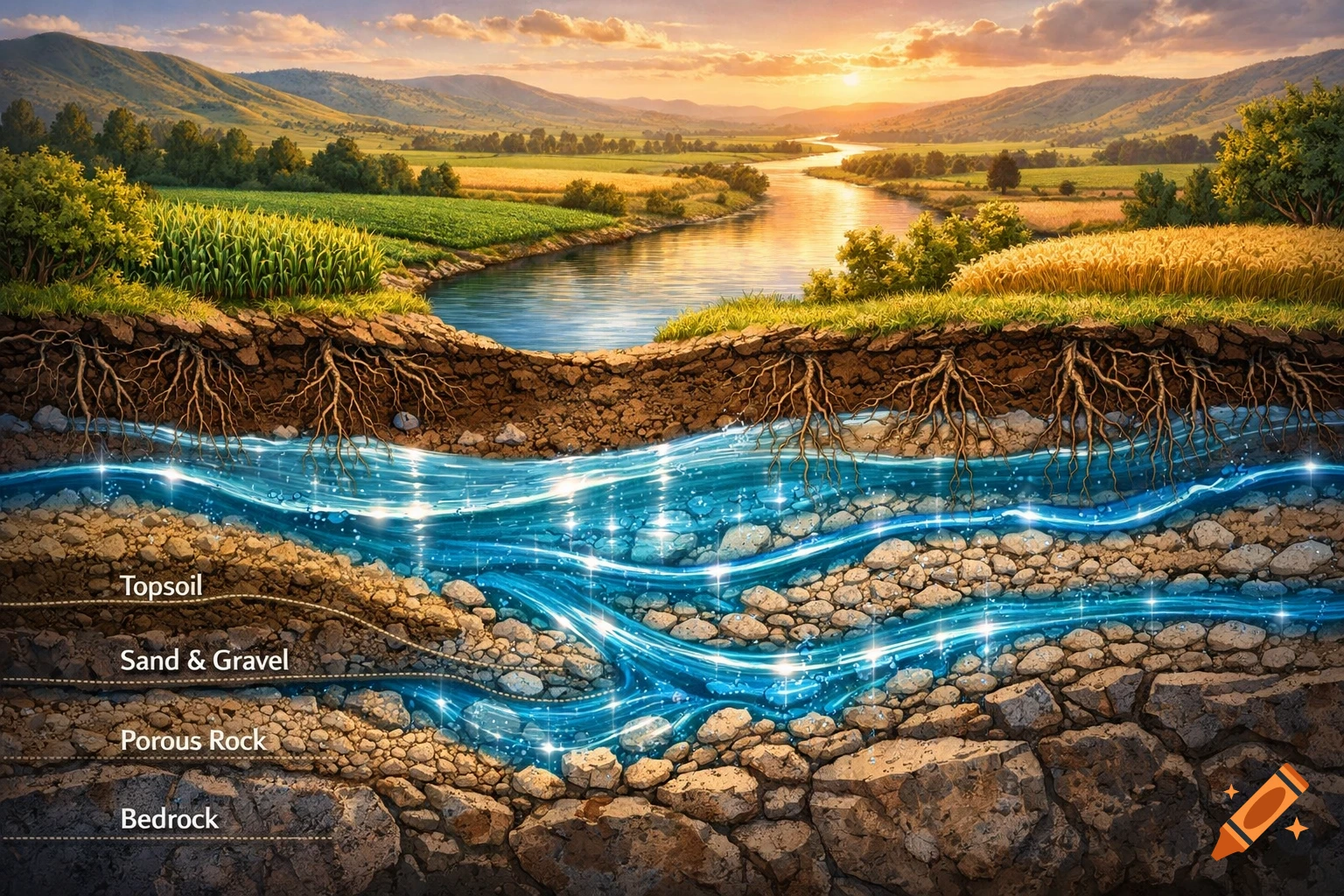 Illustrative cross-section of a river valley with fields, river, and underground layers of soil, rock, and glowing blue groundwater.