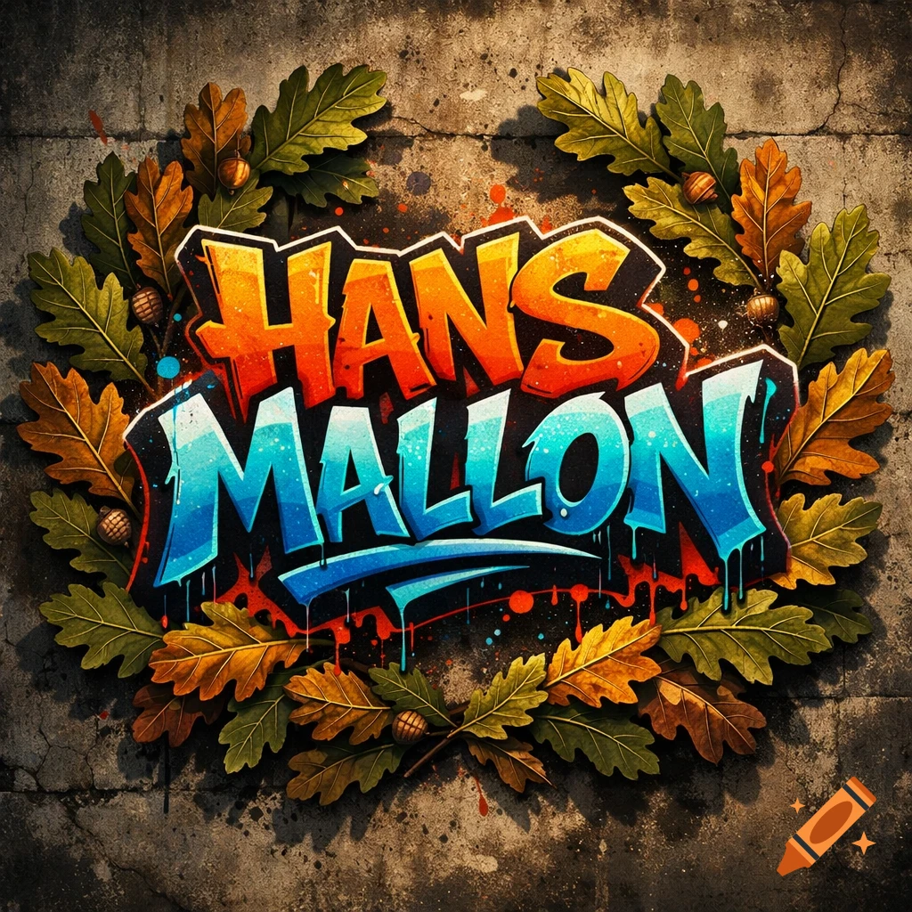 Colorful graffiti text 'HANS MALLON' encircled by an autumn oak leaf and acorn wreath on a textured concrete wall.