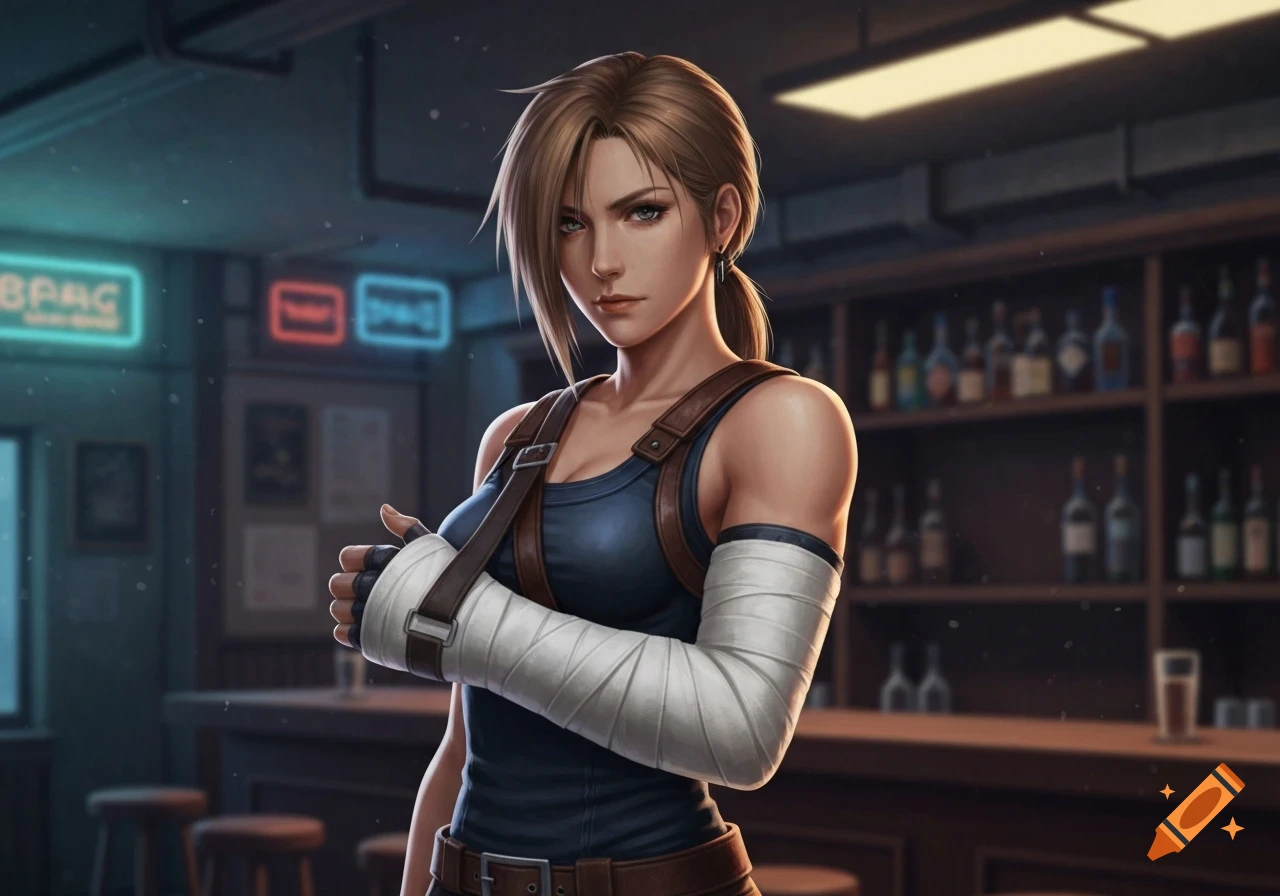 Anime-style illustration of a strong female character with brown hair and an arm cast and sling, standing in a dimly lit bar.