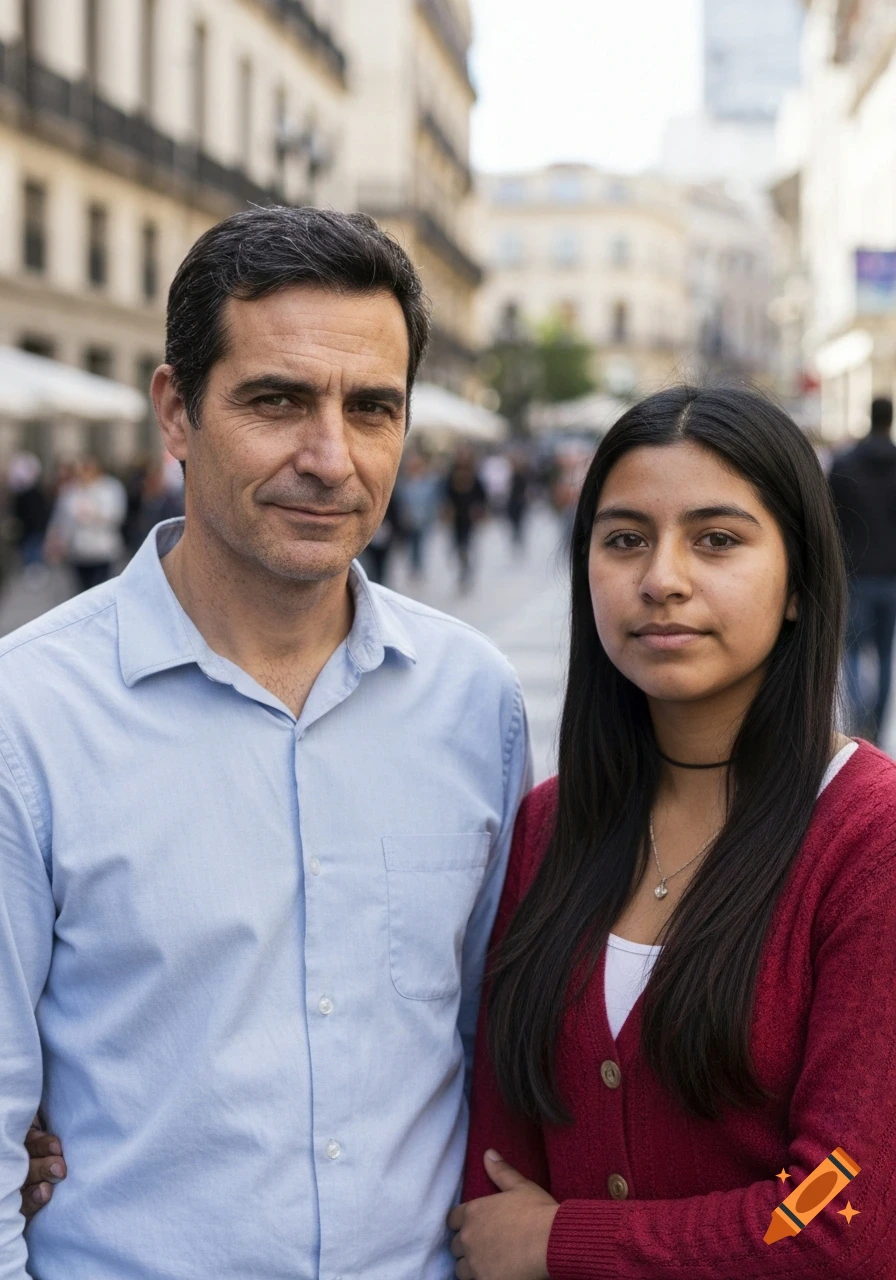 A man in a light blue shirt and a woman in a red cardigan stand side-by-side on a bustling urban street.
