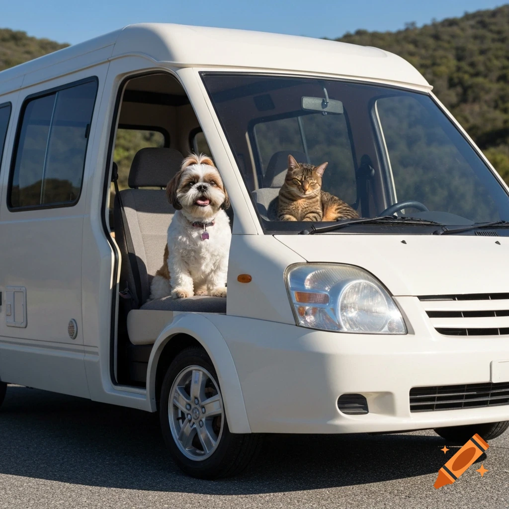 A happy shih tzu sits in the open driver's seat of a white van, while a mackerel tabby cat sleeps on the passenger seat. Photorealistic.