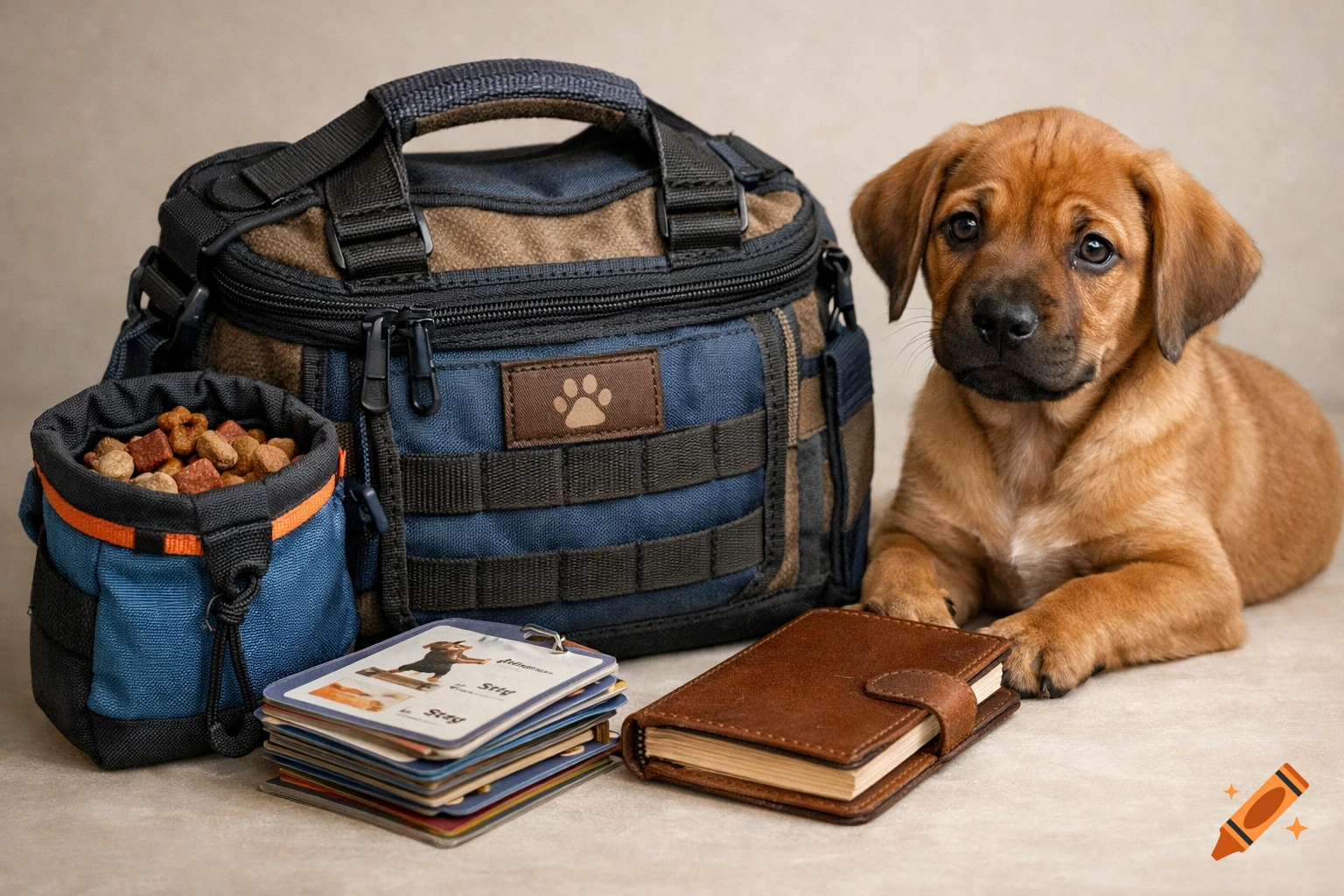 A brown Rhodesian Ridgeback puppy lies next to a blue and brown training bag, a treat pouch, laminated task cards, and a small brown notebook.