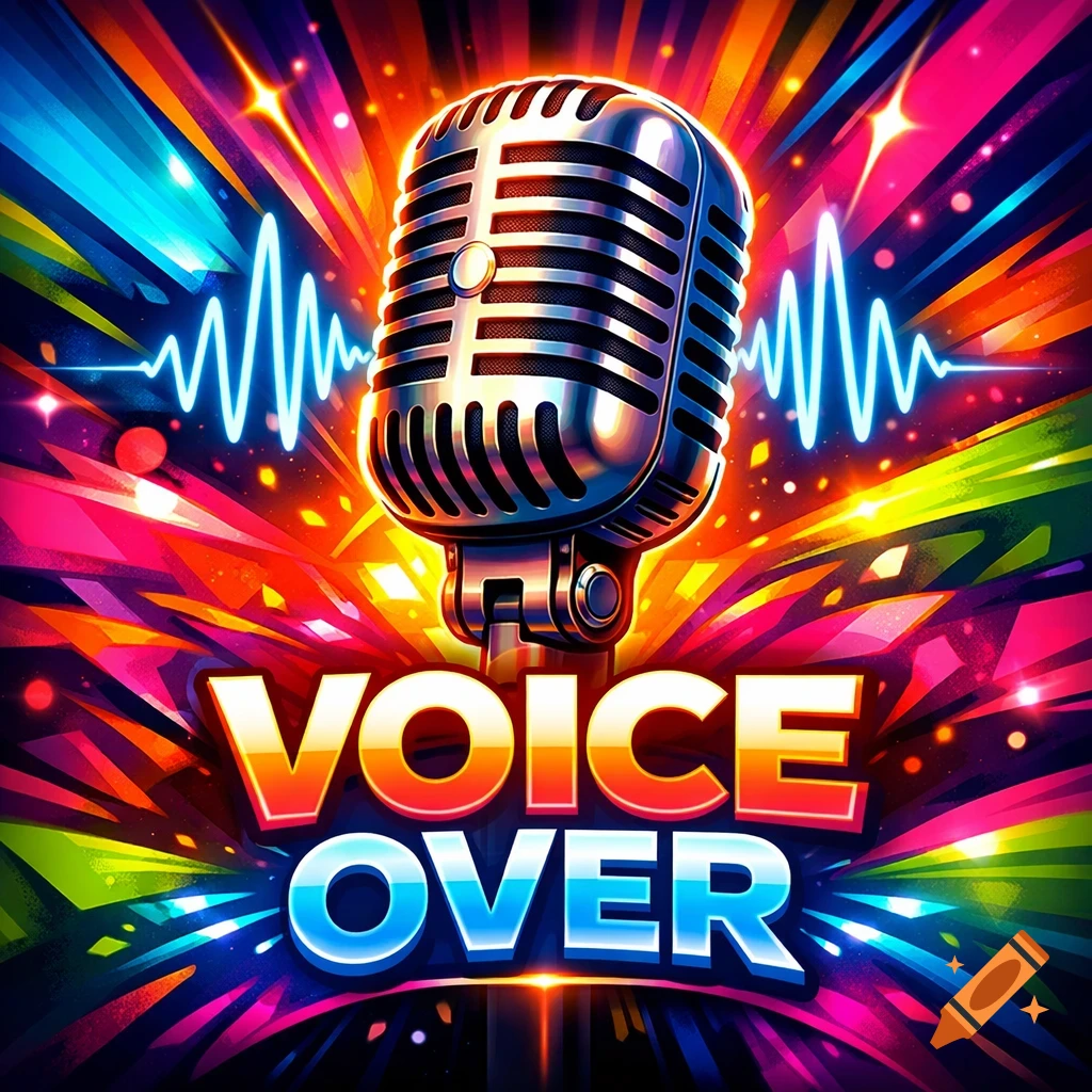 Vibrant digital art featuring a vintage microphone, glowing sound wave, and the text 'VOICE OVER' on a colorful abstract background.