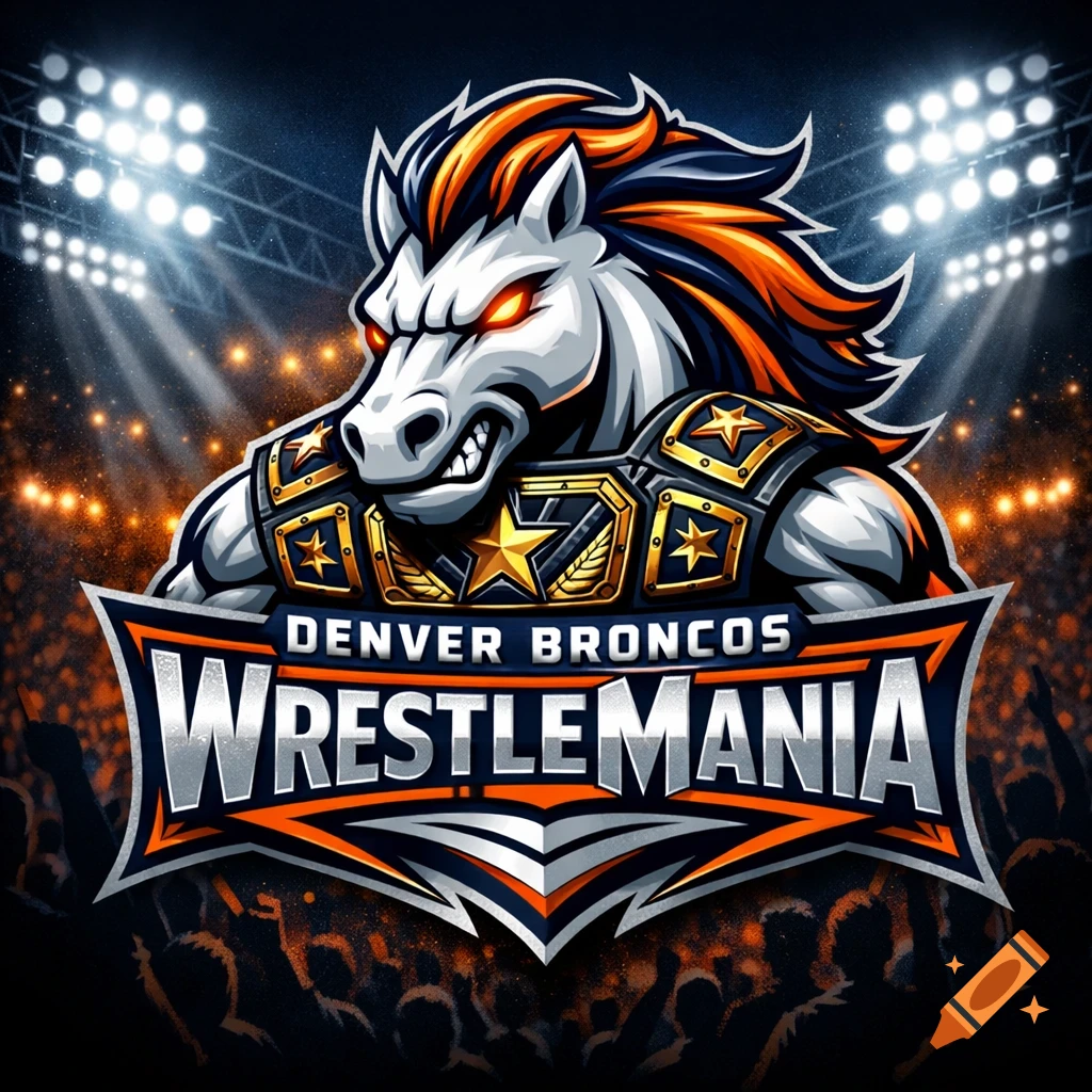 A fierce horse mascot with orange and blue mane, glowing eyes, and a championship belt. 'DENVER BRONCOS WRESTLEMANIA' logo against a stadium.