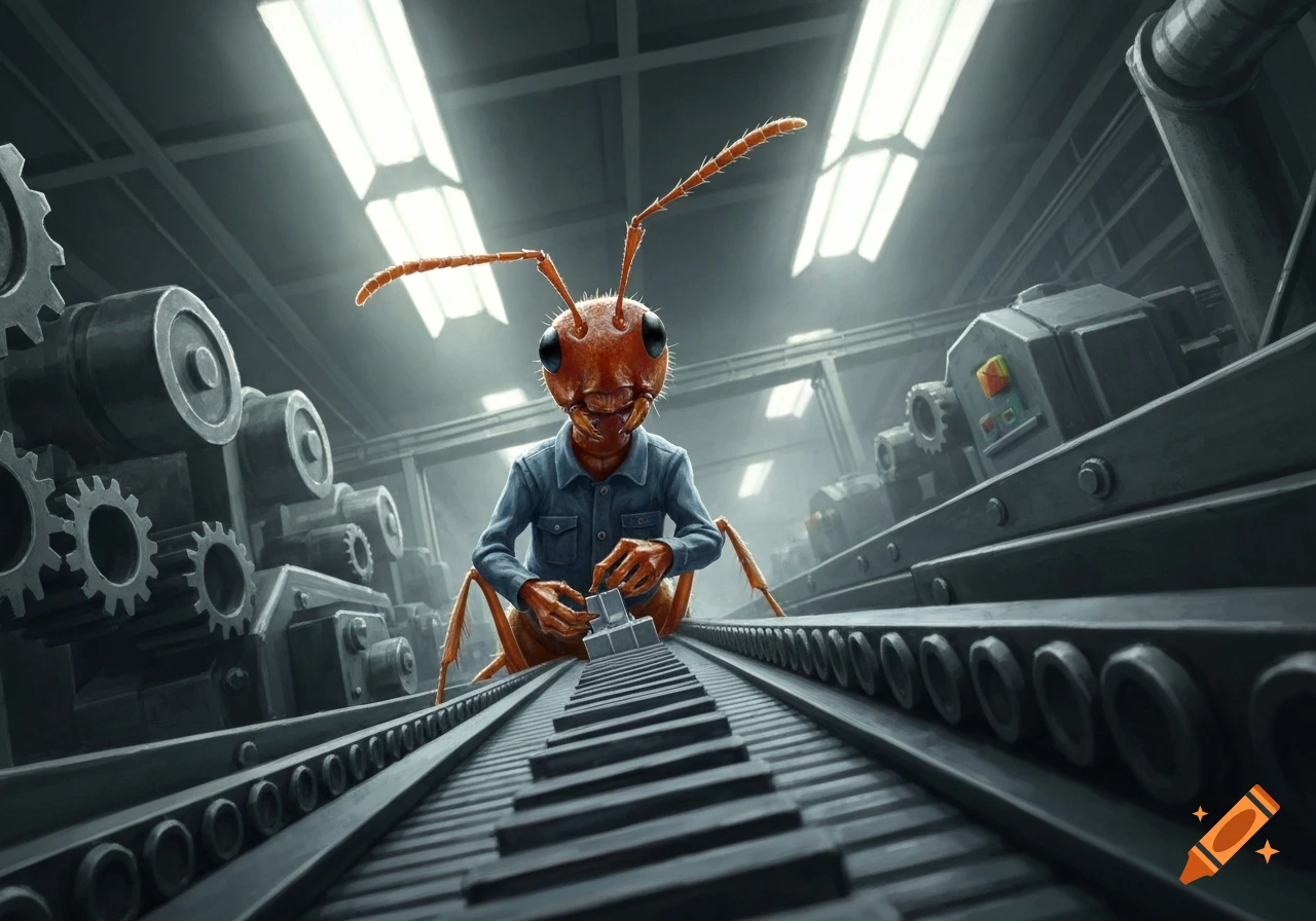 An anthropomorphic ant in a worker's uniform operates a conveyor belt in a bustling factory, with gears and machinery visible.