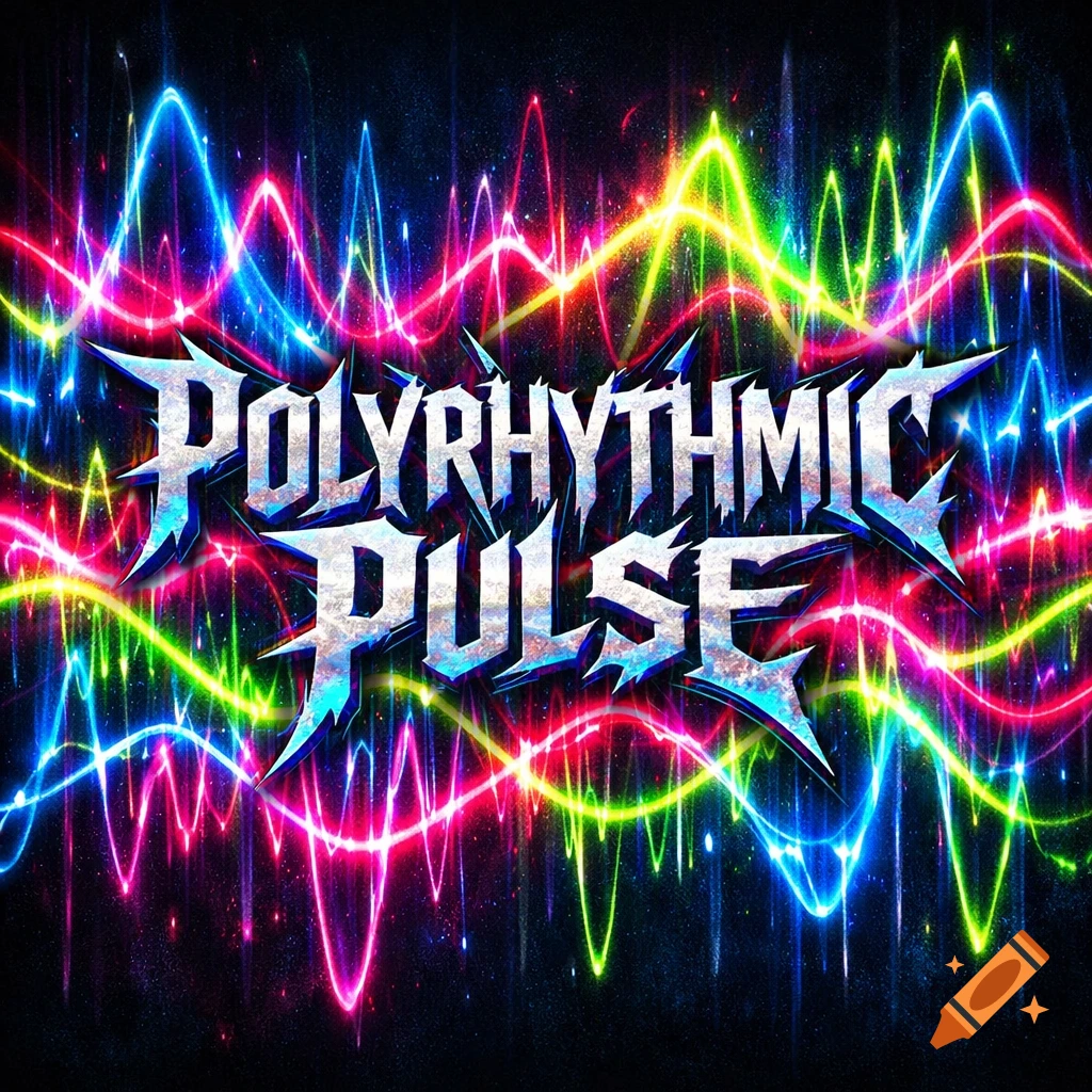 Abstract neon cinematic artwork with overlapping, rhythmic waves of vibrant light. Bold text 'Polyrhythmic Pulse' glows in a metalcore style.