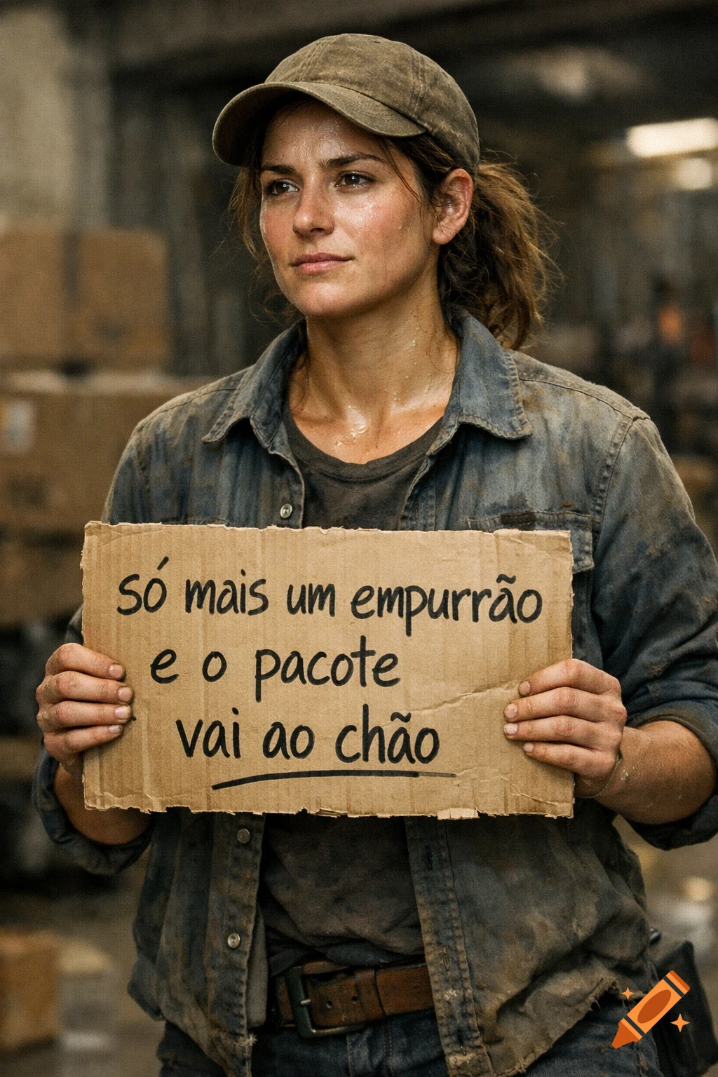 A sweaty woman in work clothes and a cap holds a cardboard sign that reads "só mais um empurrão e o pacote vai ao chão".