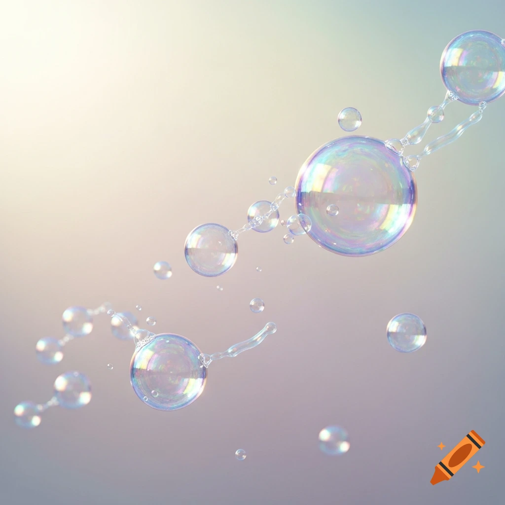 Iridescent soap bubbles float against a soft, gradient background, connected by delicate water trails.