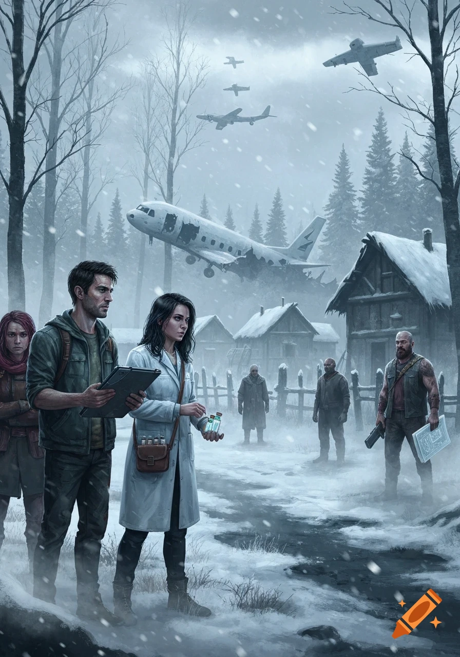 A group of survivors, including a man with a clipboard and a woman in a lab coat, stand in a snowy forest near a crashed plane and an isolated village.
