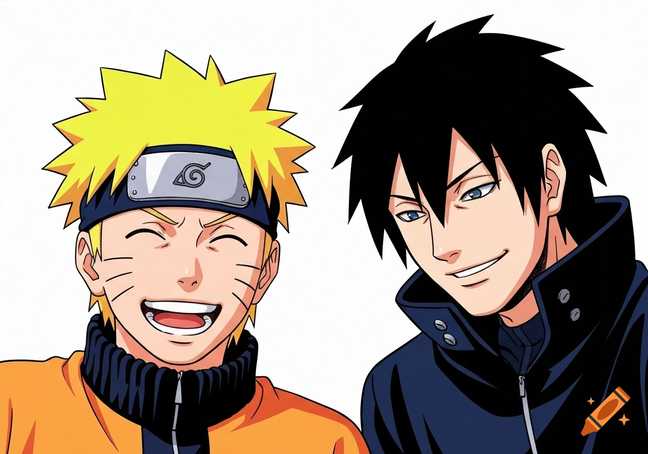 Naruto Uzumaki and a man with spiky black hair and blue eyes smiling, in a bright anime style.