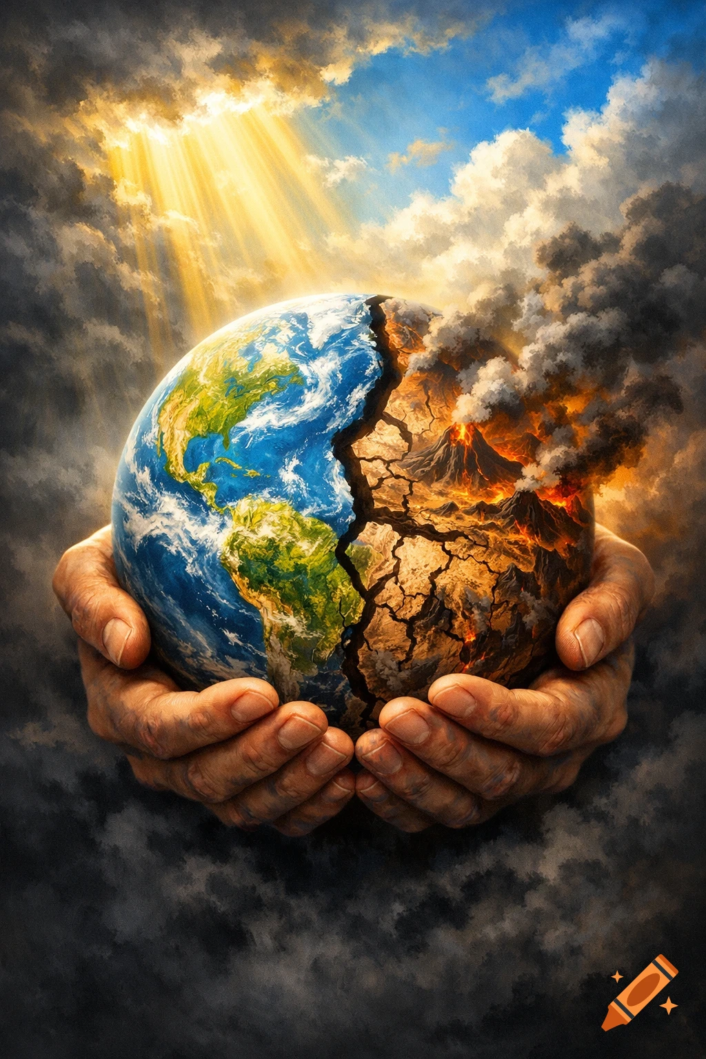 A dramatic depiction of hands holding a cracked Earth, with one half vibrant and the other desolate with a volcanic eruption, under a sky with both sunny and stormy clouds.