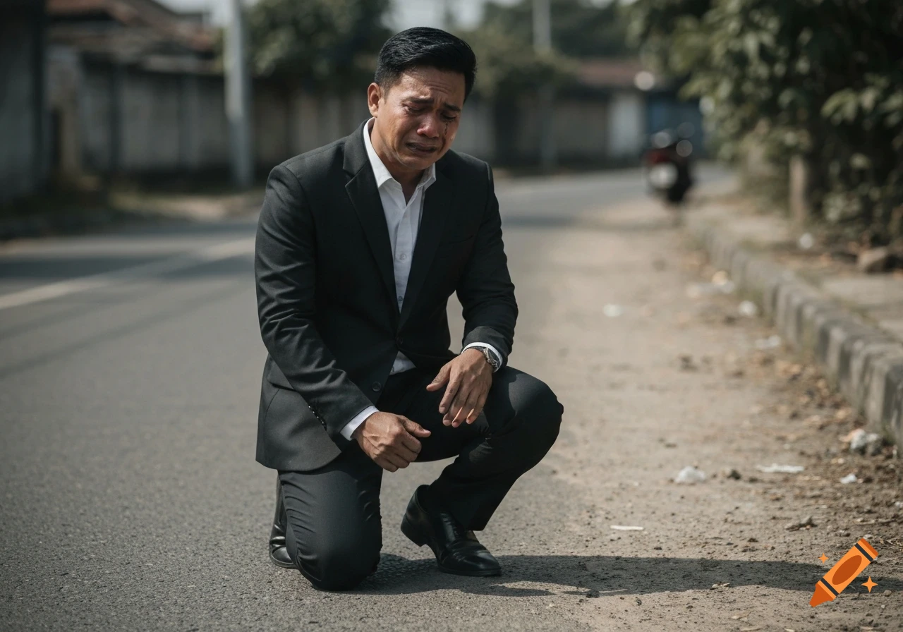 A sad man in a black suit kneels on a street, crying with tears streaming down his face in a photorealistic style.