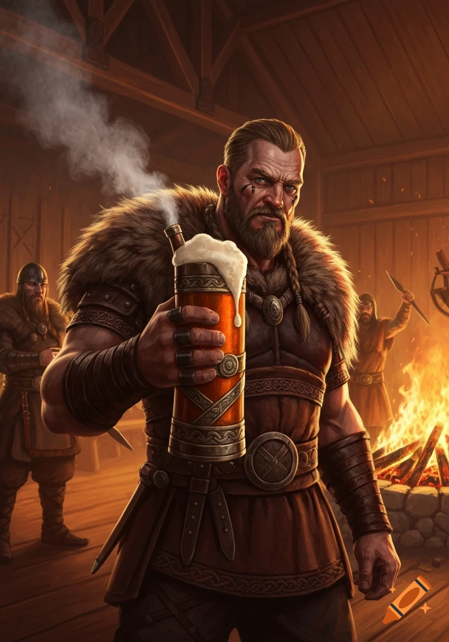 A fierce bearded Viking in fur and leather armor holds a frothy beer mug in a torch-lit wooden hall.