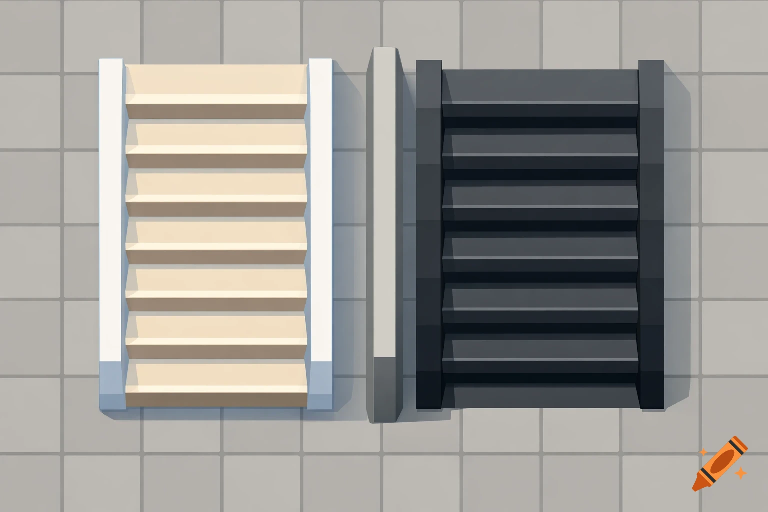 Top-down illustration of two stylized staircases on a tiled floor, one light-colored ascending and one dark-colored descending, separated by a divider.