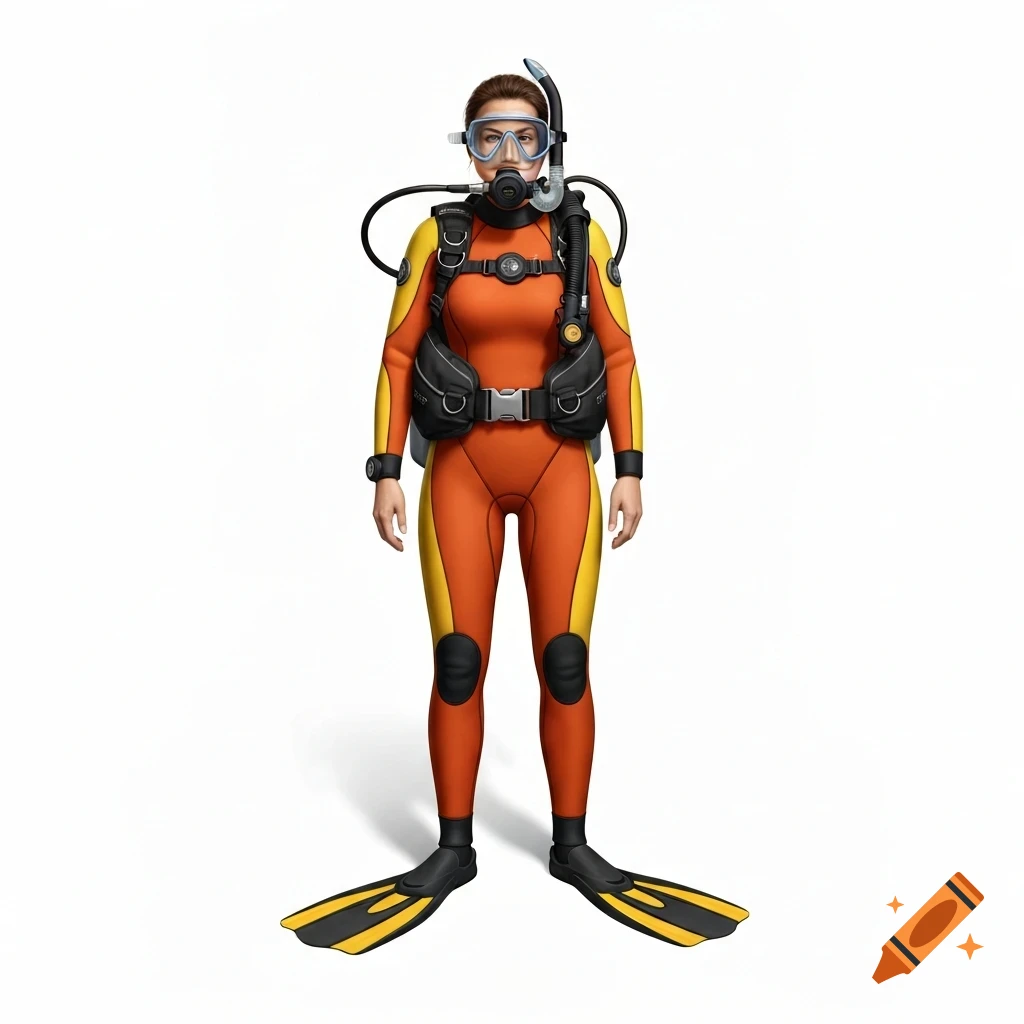A person in an orange and yellow full wetsuit with scuba gear, including a mask, regulator, BCD, tank, and flippers, standing on a white background.