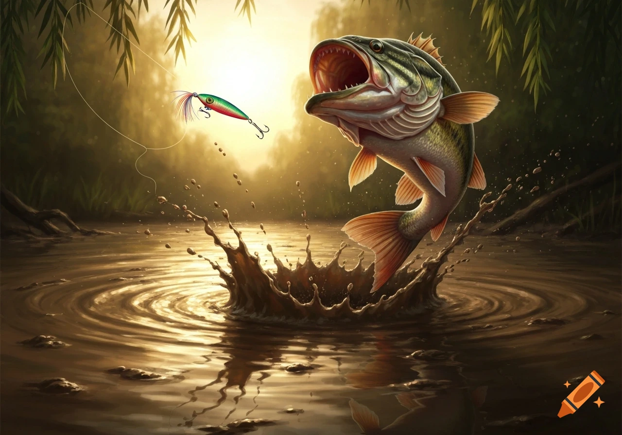 A large bass fish jumps powerfully out of a muddy pond at sunset, its mouth open wide to catch a colorful fishing lure.