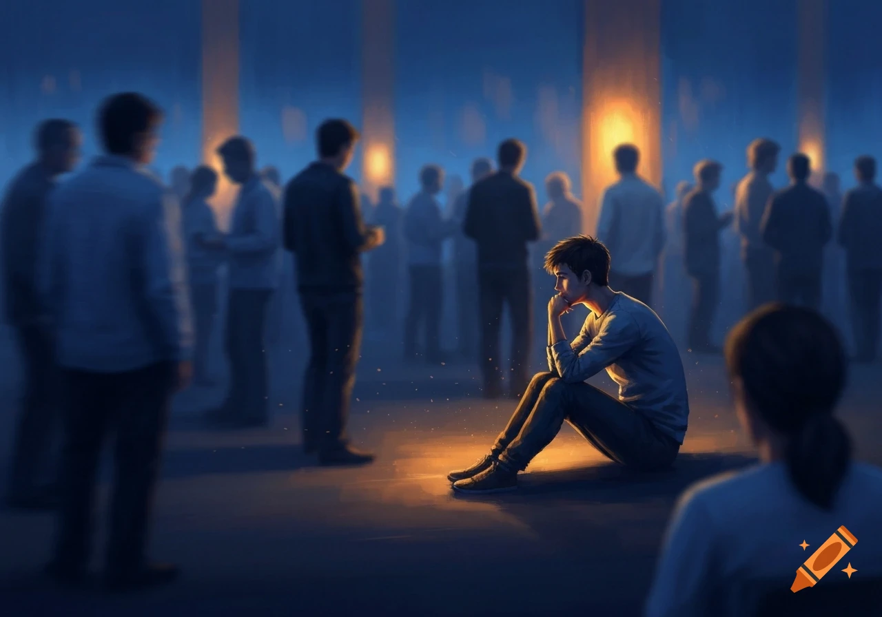 A young man sits alone on the floor, highlighted by an amber glow, amidst a blurry crowd in a dimly lit, deep blue room, digital art.