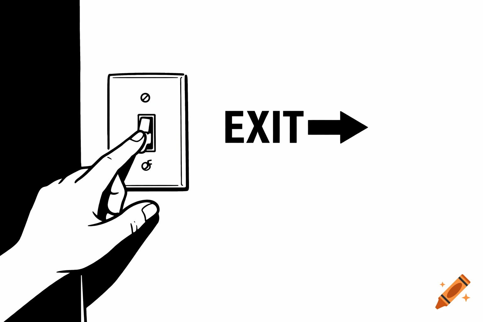Black and white illustration of a hand flipping a light switch next to an 'EXIT' sign with an arrow.