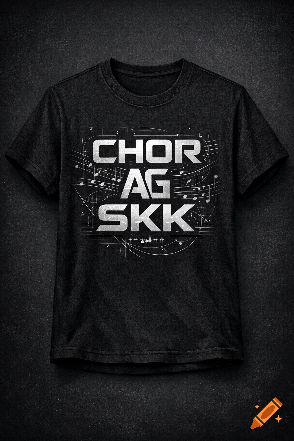 Black t-shirt with 'CHOR AG SKK' in metallic silver lettering surrounded by musical notes.