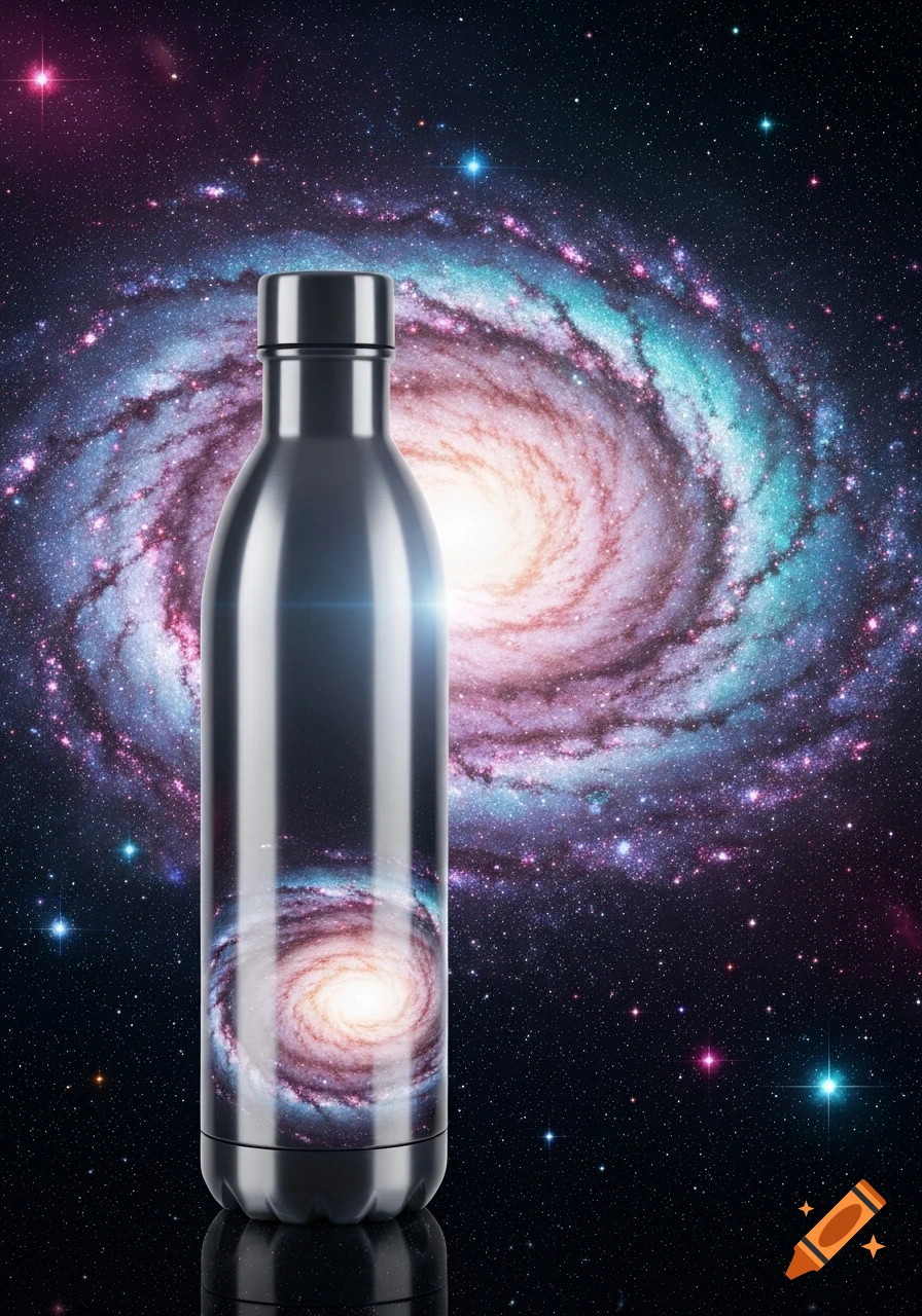 Sleek black metallic water bottle standing against a vibrant spiral galaxy and starry night sky, photorealistic.