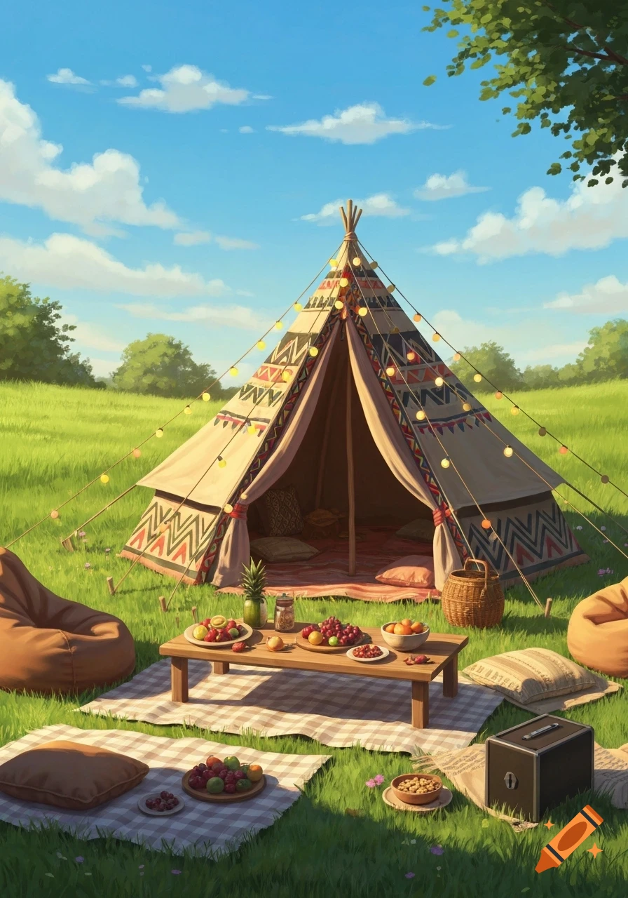 Illustrated image of a decorated teepee tent with fairy lights in a sunny green field, surrounded by a picnic spread and bean bags.
